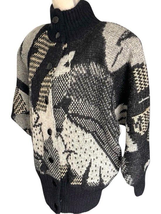 Trinite Sweaters - Vintage 80's Black/Grey/Gold Pattern Mohair High Neck Button Front Cardigan (M)